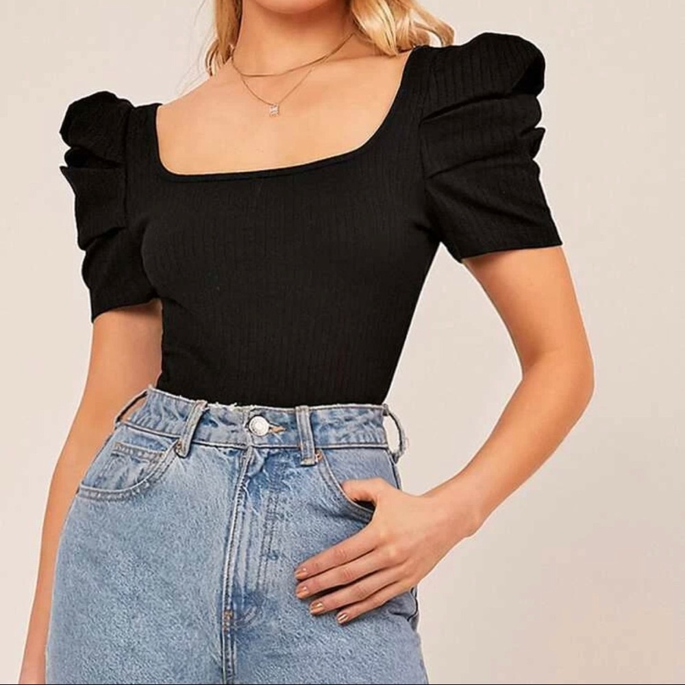 SHEIN Square Neck Puff Sleeve Rib-knit Bodysuit